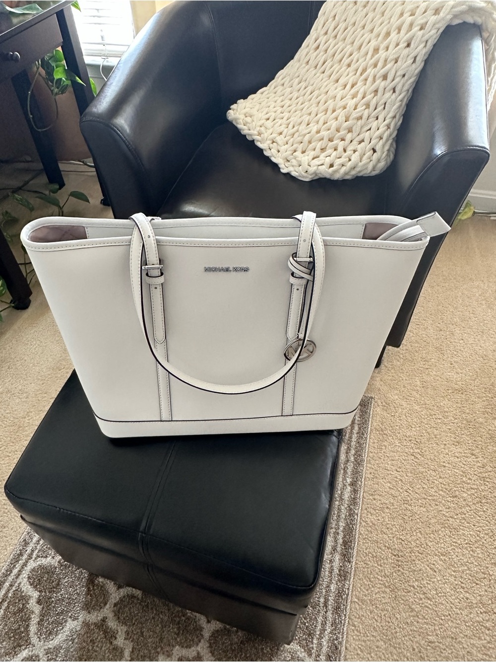 Michael Kors White Leather Tote with Silver-Tone Accents